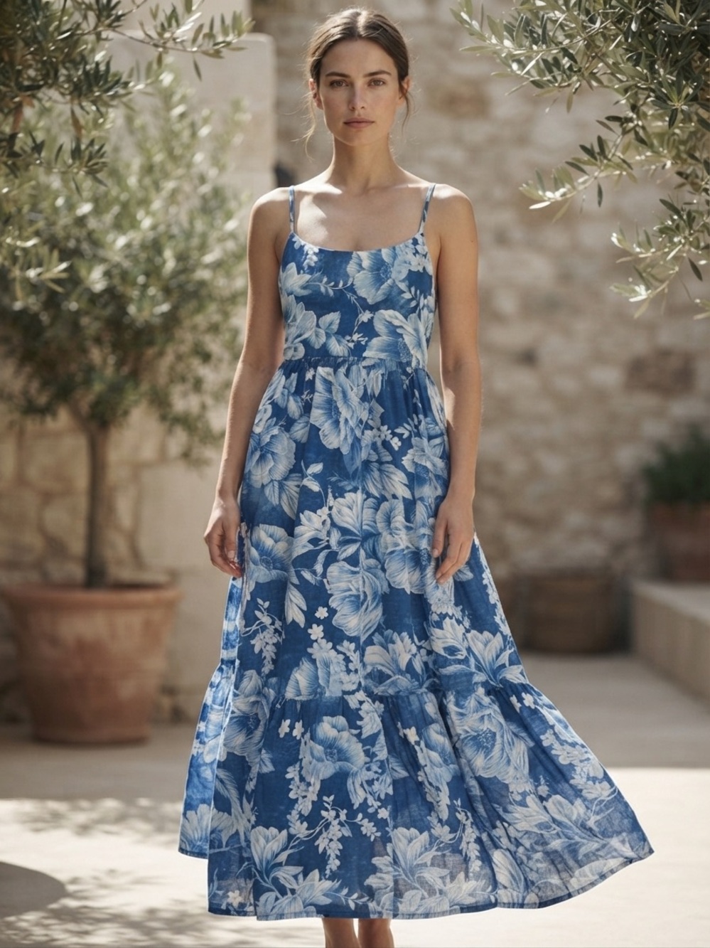 Joie Blue & White Floral Cotton Tiered Maxi Sundress Boho Euro Summer Resort 10